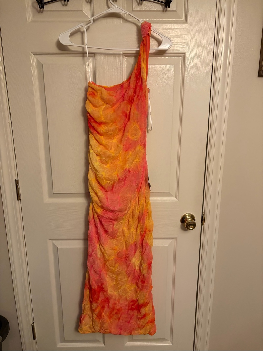 Lulu's One-Shoulder Pink and Yellow Ruched Maxi Dress